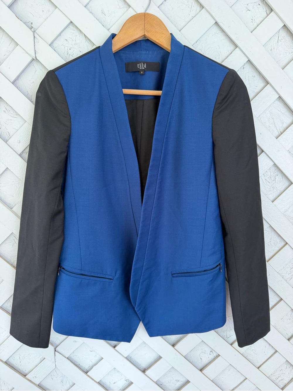 Tibi Blue and Black Colorblock Open-Front Wool Blazer Jacket size 0